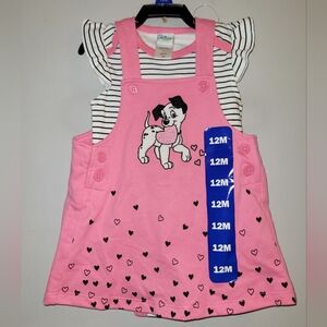 🆕️ Toddler Girls Pink Jumper Dress Striped Onesie Disney Dalmatians 12 Mon Set
